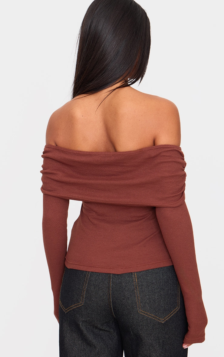 Foldover Bardoat Dipped Hem Long Top-2639
