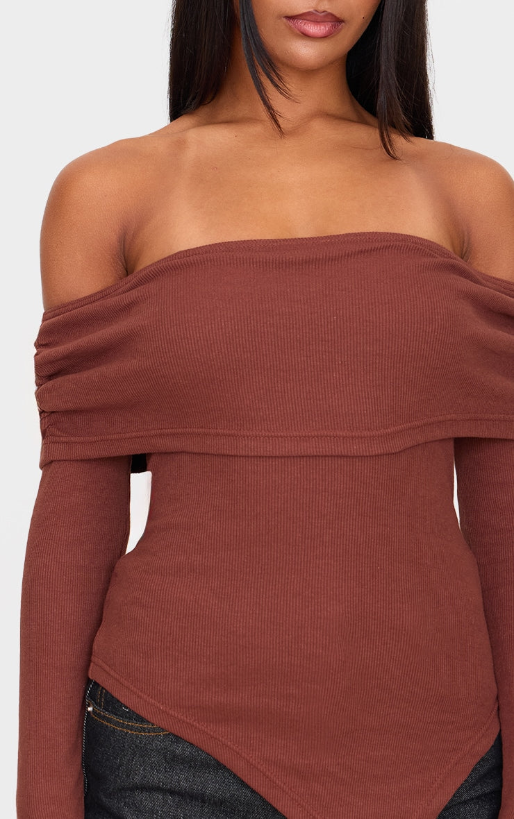 Foldover Bardoat Dipped Hem Long Top-2639