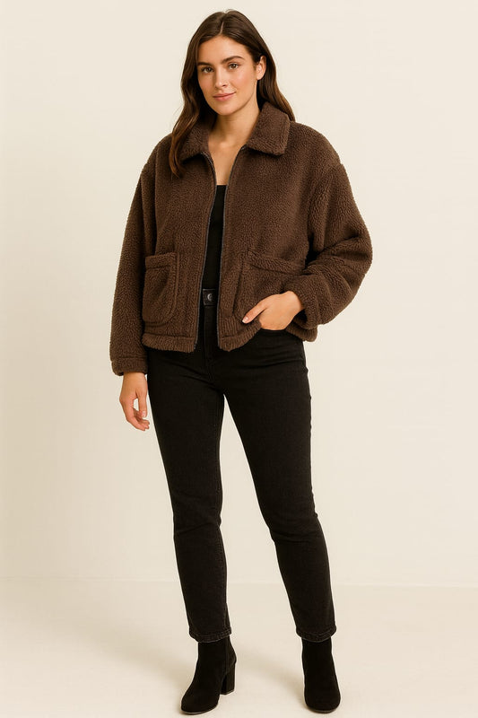 2788-Crazyage Furr Full Zip Jacket With Front Pocket Women