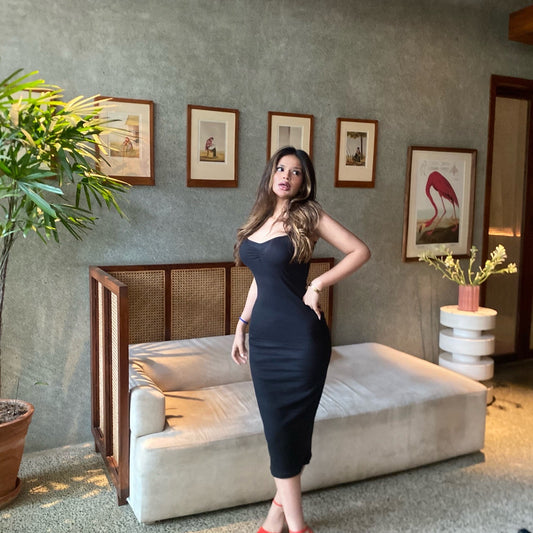 Rib Ruched Bust Strappy Midaxi Dress-PLT-2540-Black