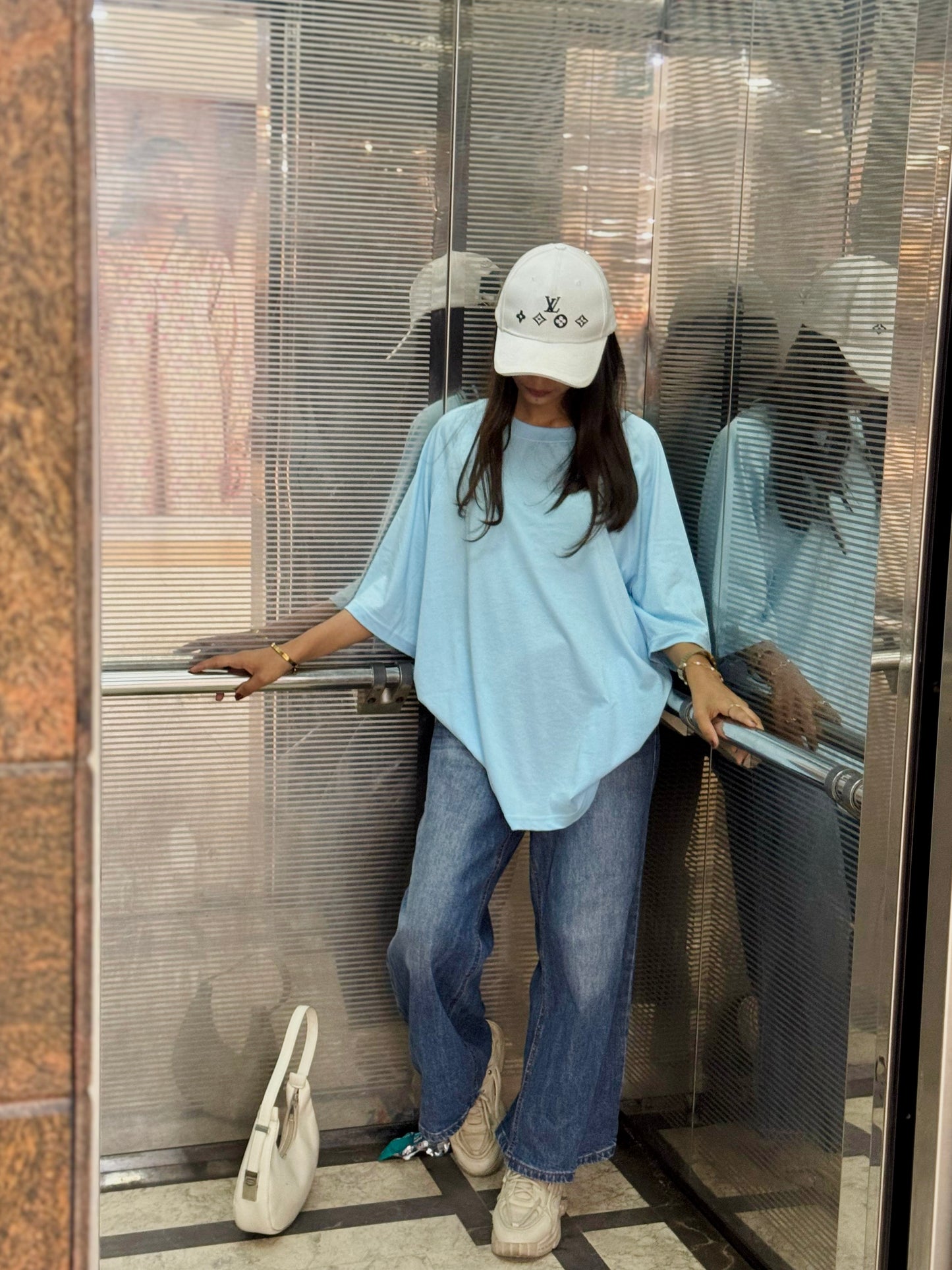 2700-  Raglan Sleeve  Oversize Plain T Shirt Women-Sky Blue