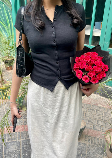 Ribbed Button Up Long Top-2391-PLT-Black