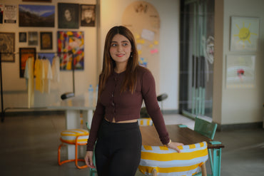 Ribbed Button Down Detail Long Sleeve Croptop-PLT-2546-Choclate