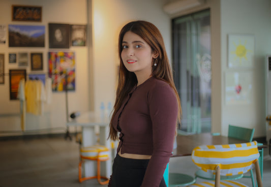 Ribbed Button Down Detail Long Sleeve Croptop-PLT-2546-Choclate