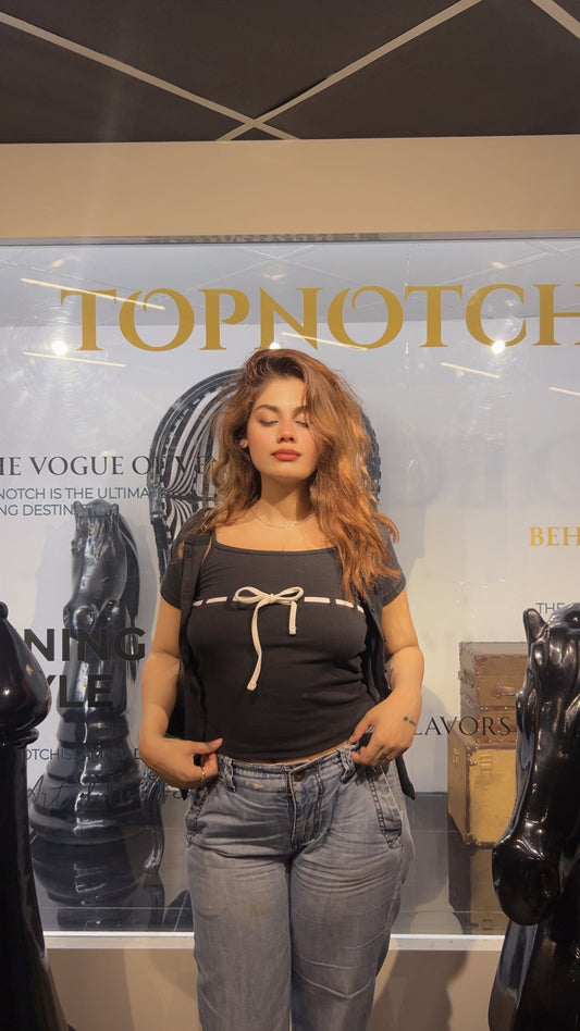 Ribbed Contrast Bow Top-2393-PLT-Black