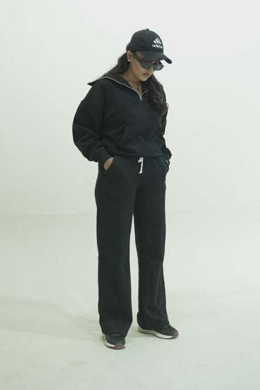 30015-Osk Half-Zip Sweater & Pleated V-Trouser Set-Black