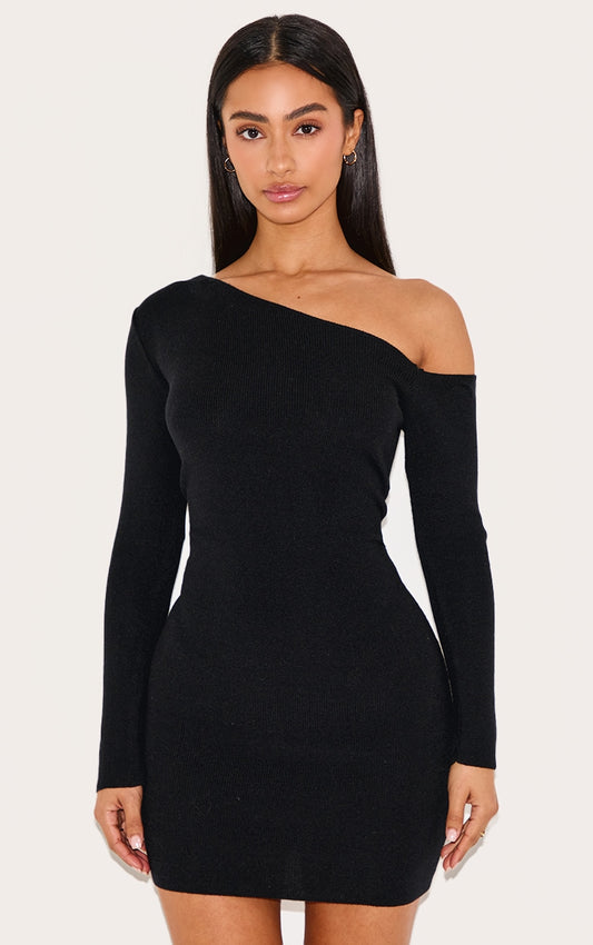 2662-Petite Ribbed Asymmetric Shoulder Mini Dress