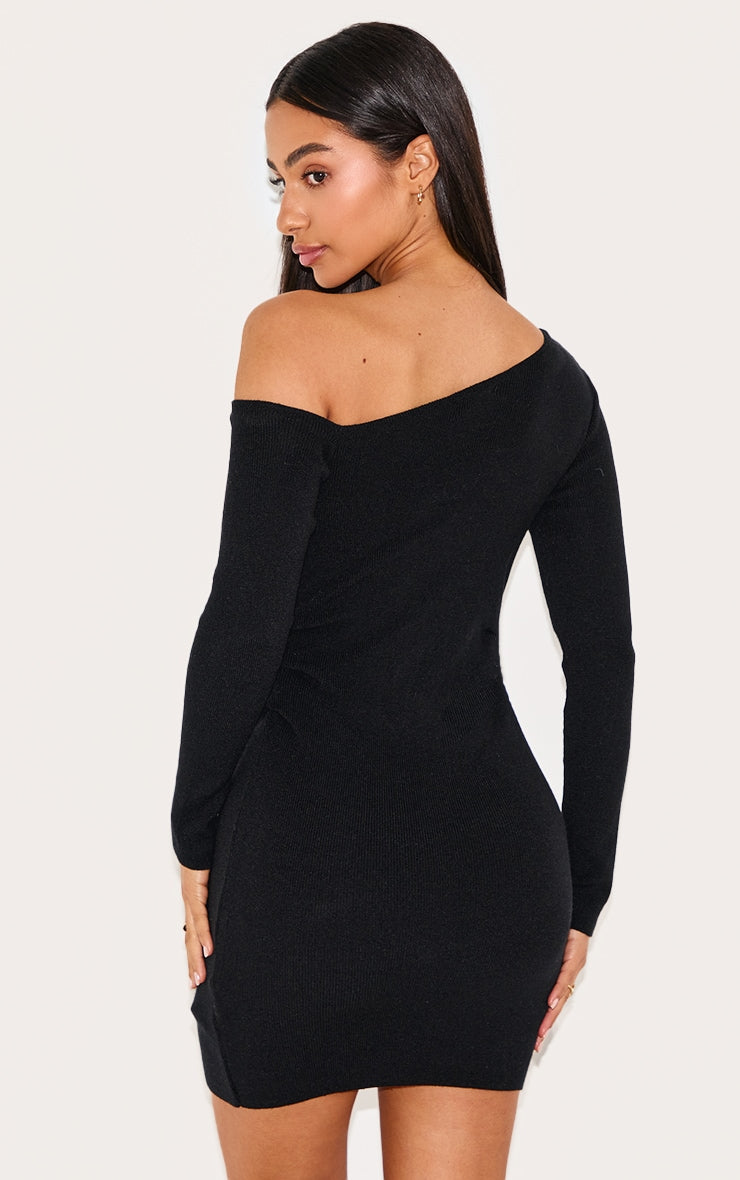 2662-Petite Ribbed Asymmetric Shoulder Mini Dress