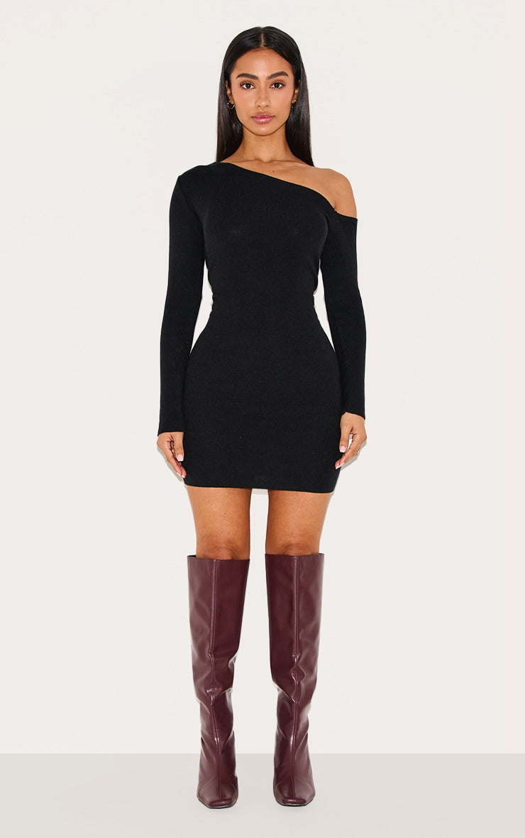 2662-Petite Ribbed Asymmetric Shoulder Mini Dress