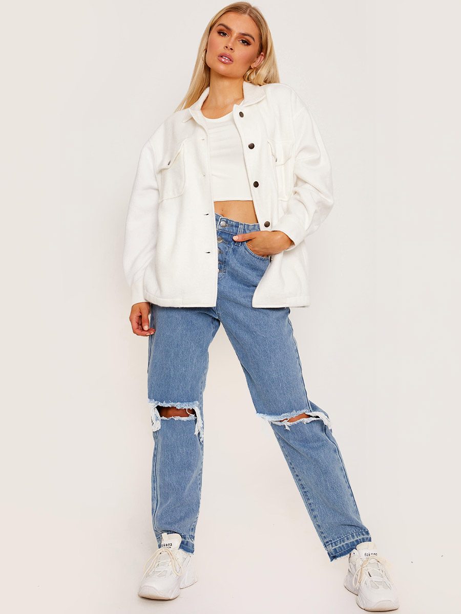Plain Off White Fleece Shacket For Women-2488