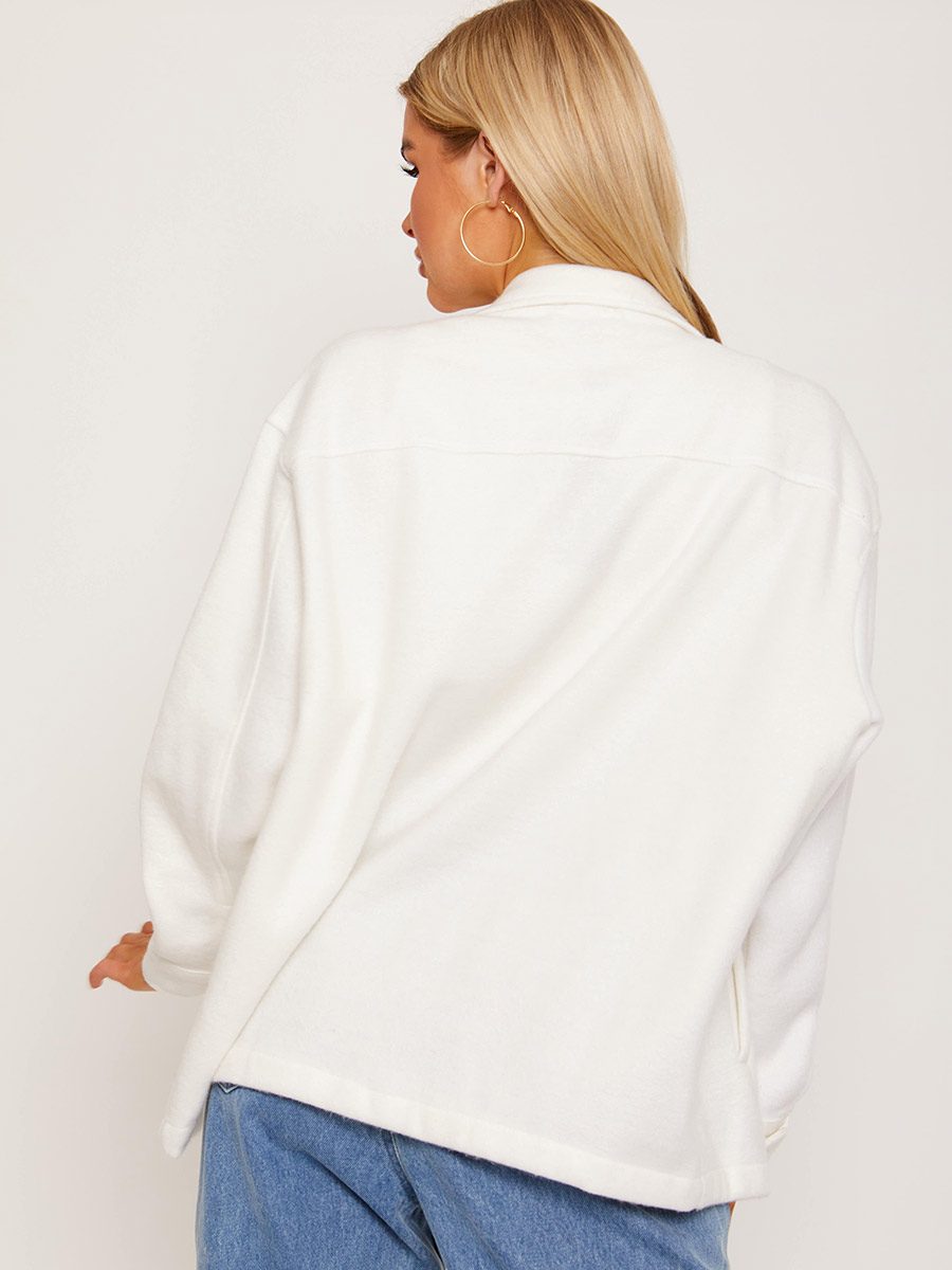Plain Off White Fleece Shacket For Women-2488