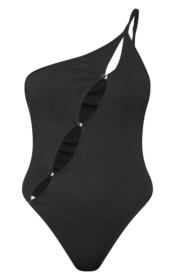 Rib button cut out one shoulder bodysuit-2413 -PLT-Black