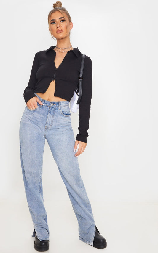 Rib collar double zip top-PLT-2410-Black