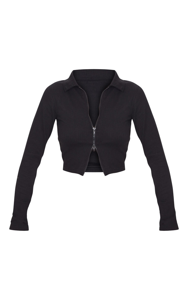 Rib collar double zip top-PLT-2410-Black