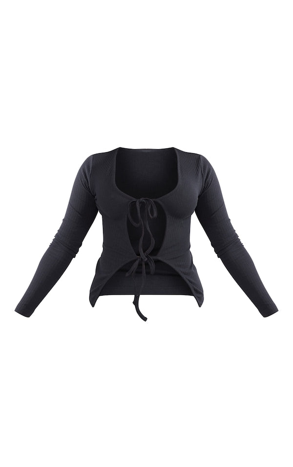 Cotton Rib Tie Front Long Sleeve Top-2430-PLT-Black