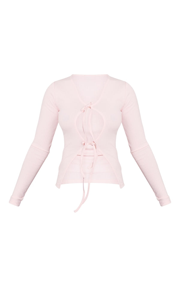Cotton Rib Tie Front Long Sleeve Top-2430-PLT-Baby Pink
