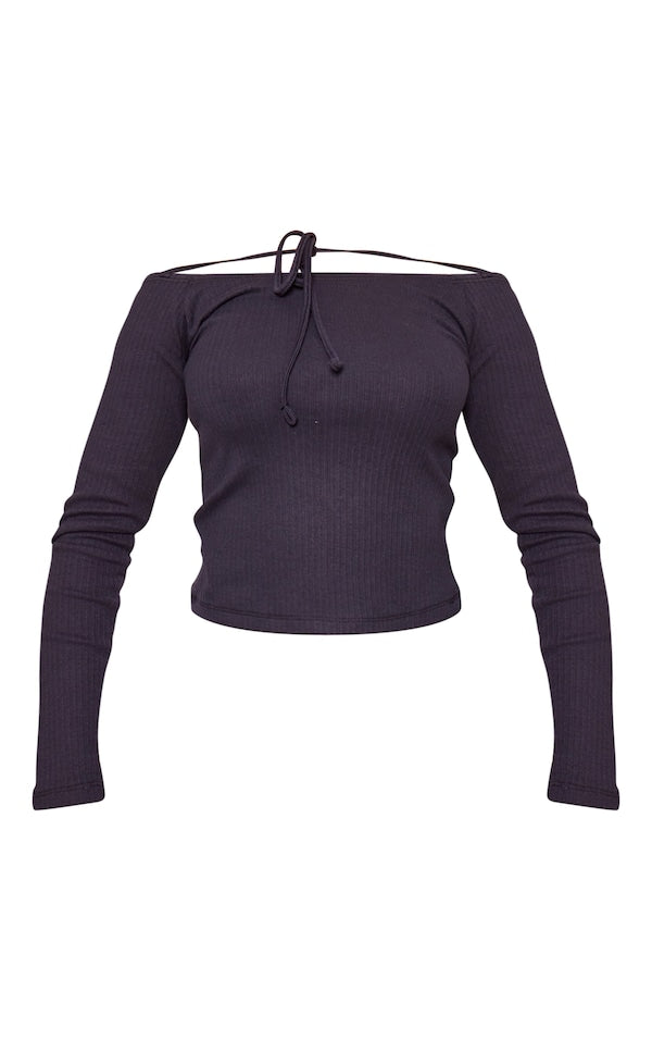 Ribb Bar Dot Tie Front Long Sleeve Top-2388-PLT-Black