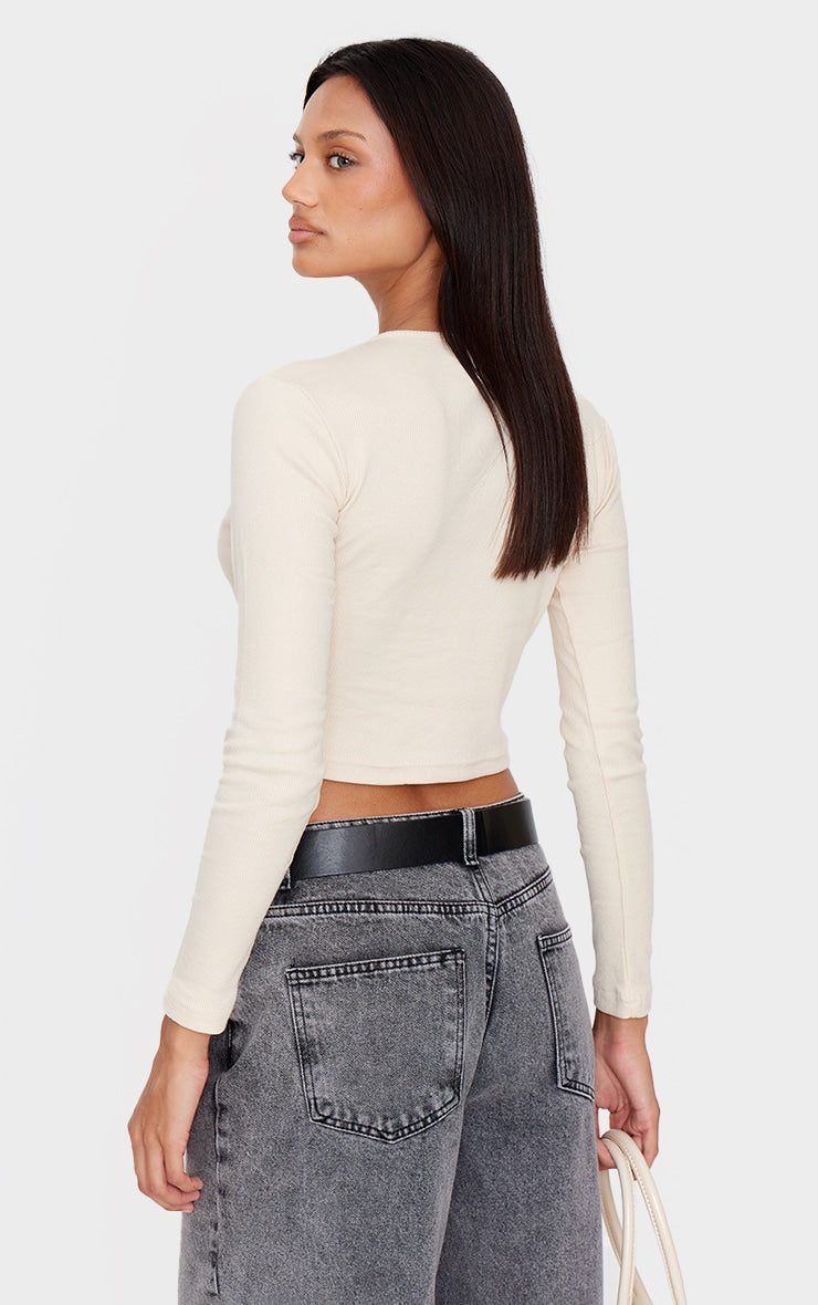 2645-Ribbed Asymetric Button Down Fitted Long Sleeve Top