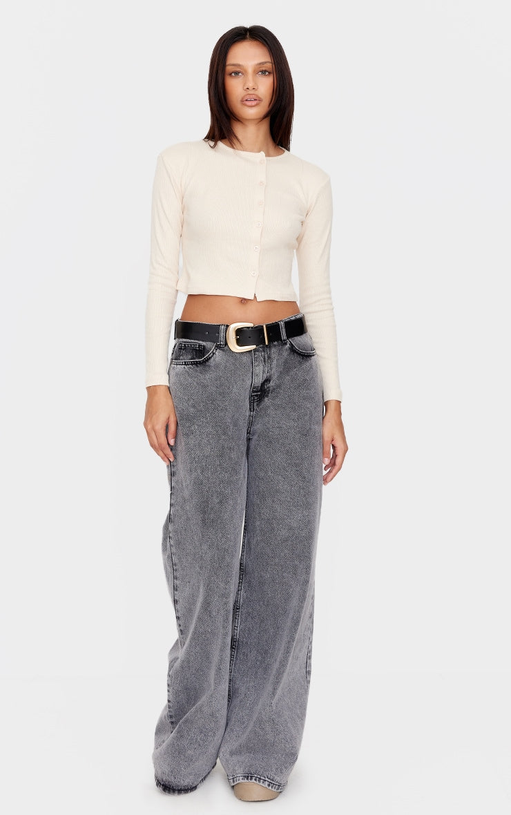 2645-Ribbed Asymetric Button Down Fitted Long Sleeve Top