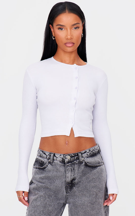 2645-Ribbed Asymetric Button Down Fitted Long Sleeve Top