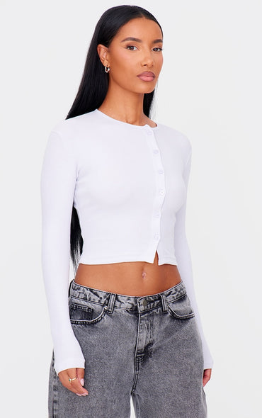 2645-Ribbed Asymetric Button Down Fitted Long Sleeve Top