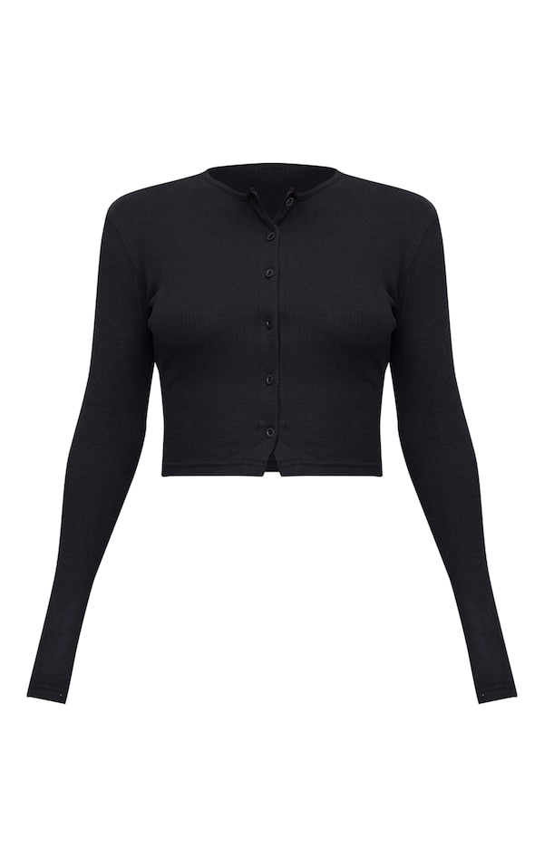 2645-Ribbed Asymetric Button Down Fitted Long Sleeve Top