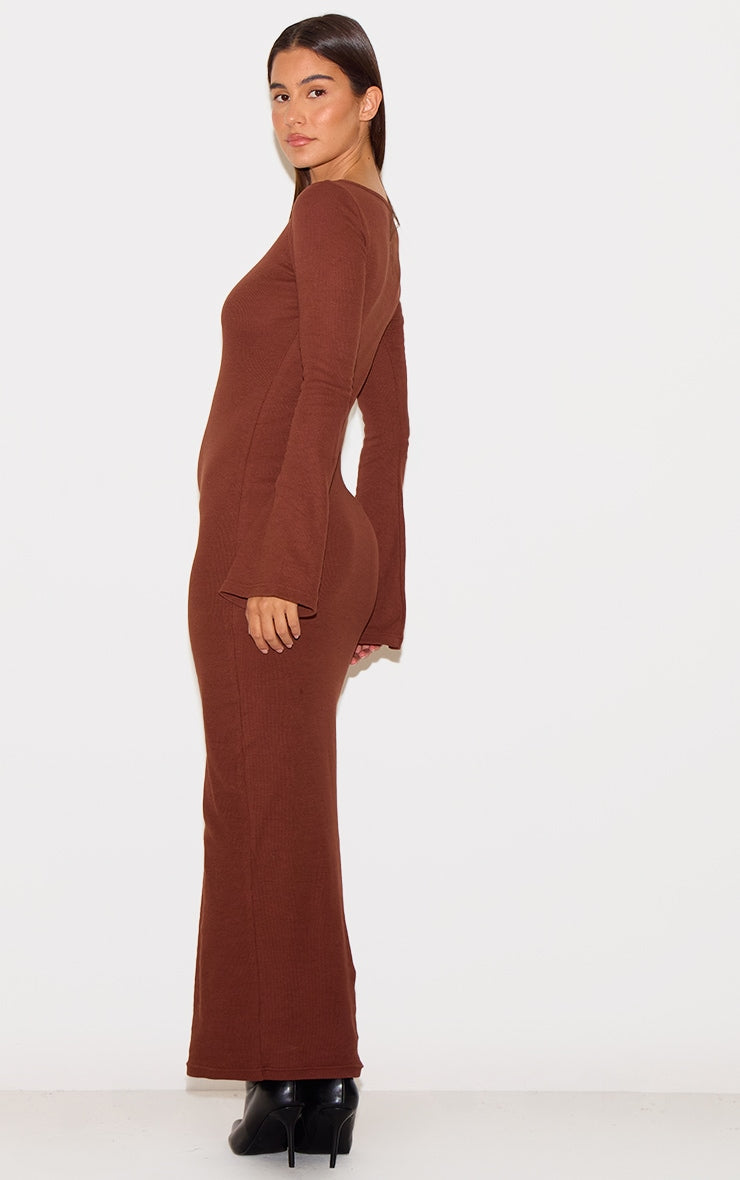 Ribbed Boat Neck Long Sleeve Maxi Dress-2633