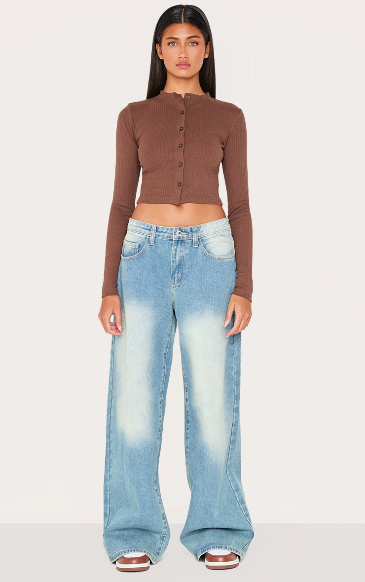 Ribbed Button Down Detail Long Sleeve Croptop-PLT-2546-Choclate