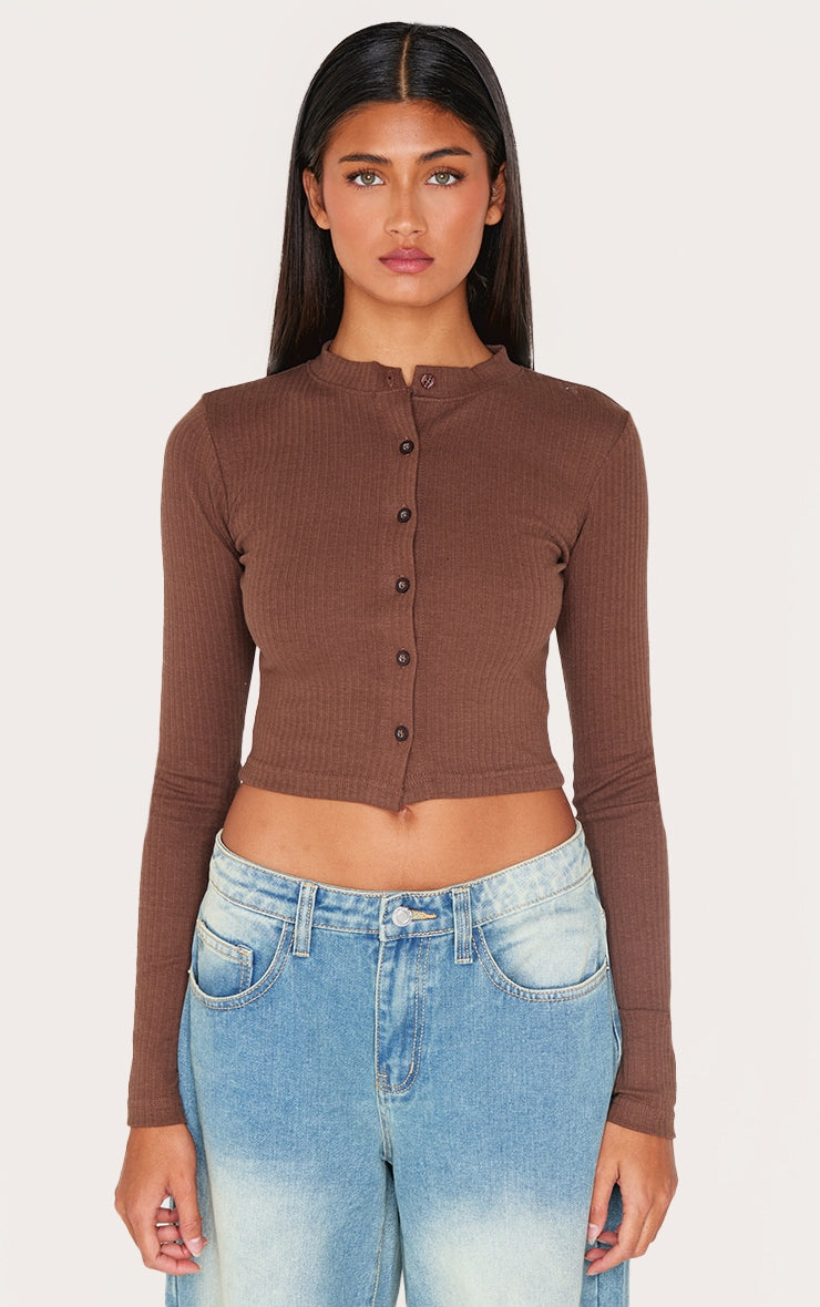 Ribbed Button Down Detail Long Sleeve Croptop-PLT-2546-Choclate