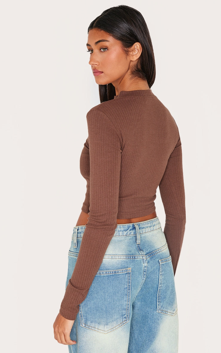 Ribbed Button Down Detail Long Sleeve Croptop-PLT-2546-Choclate