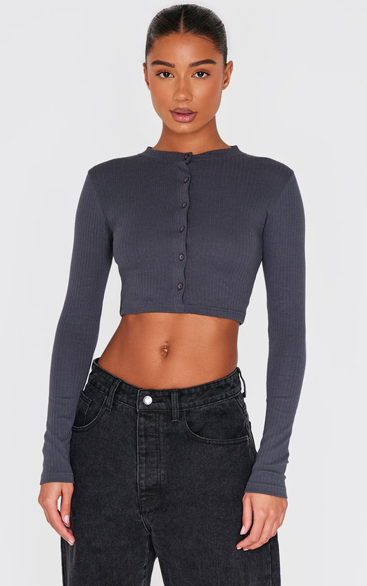 Ribbed Button Down Detail Long Sleeve Croptop-PLT-2546-Charcol