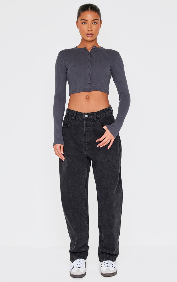 Ribbed Button Down Detail Long Sleeve Croptop-PLT-2546-Charcol