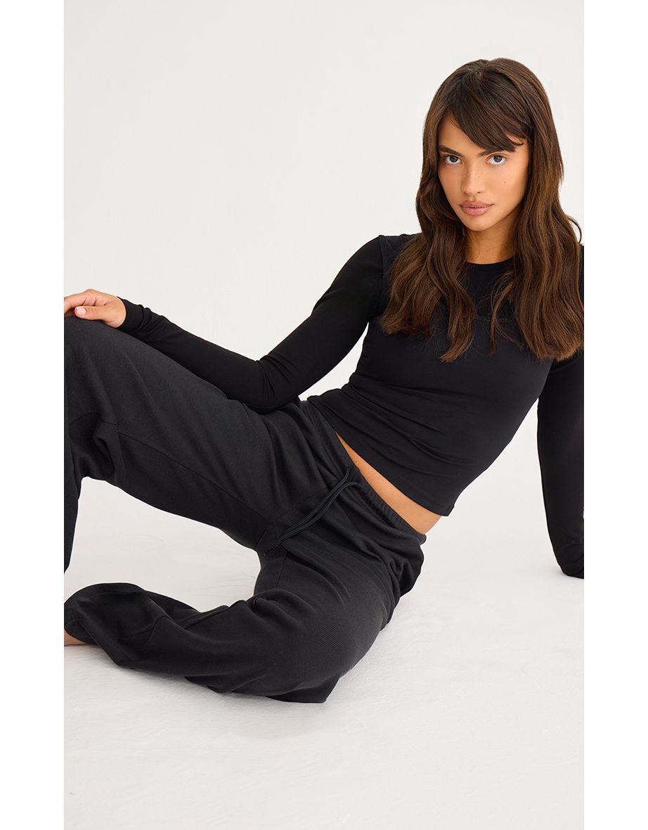 2668-Ribbed Drawsting Wide Leg Trouser