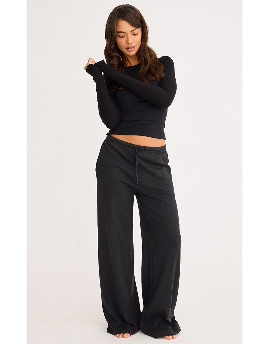 2668-Ribbed Drawsting Wide Leg Trouser