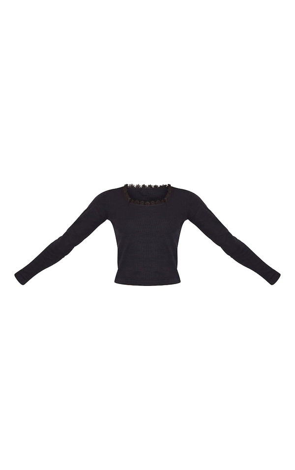 Ribbed Lace Trim Long Sleeve Top-2394-PLT-Black