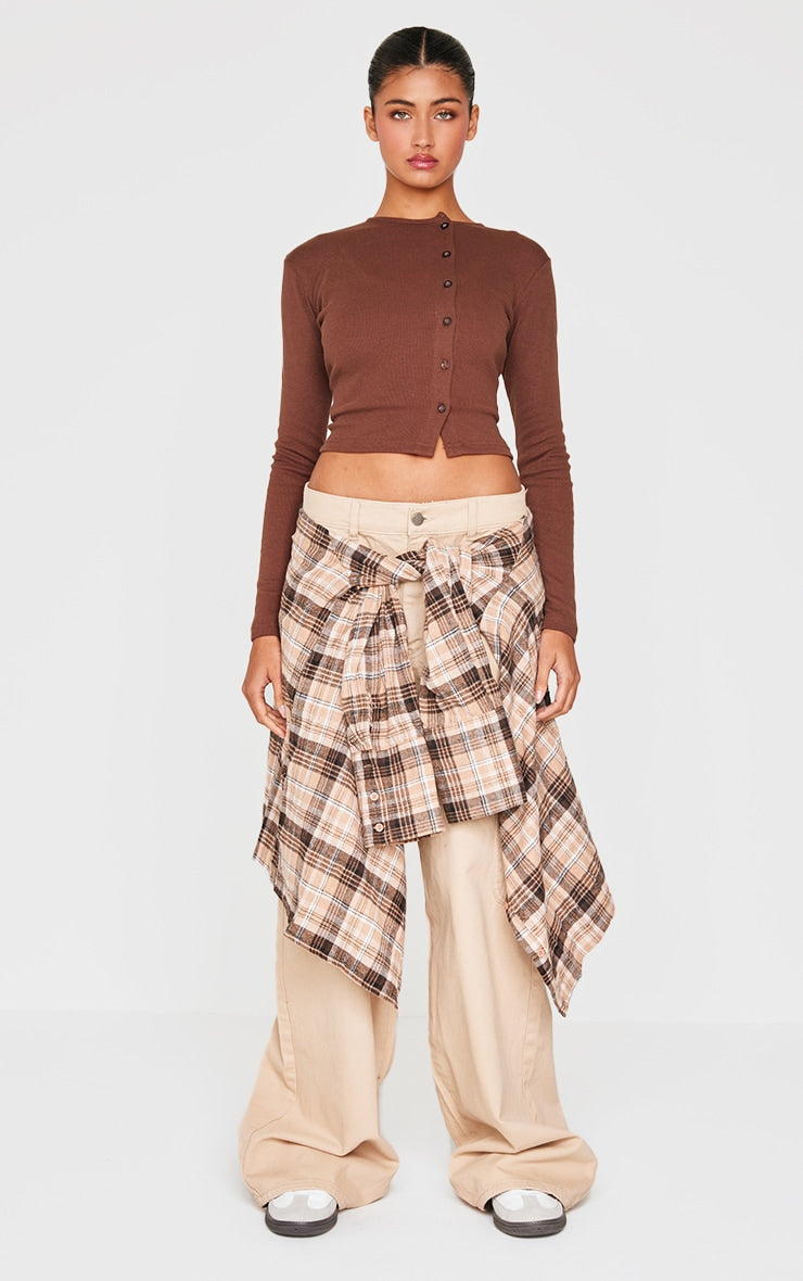 2645-Ribbed Asymetric Button Down Fitted Long Sleeve Top