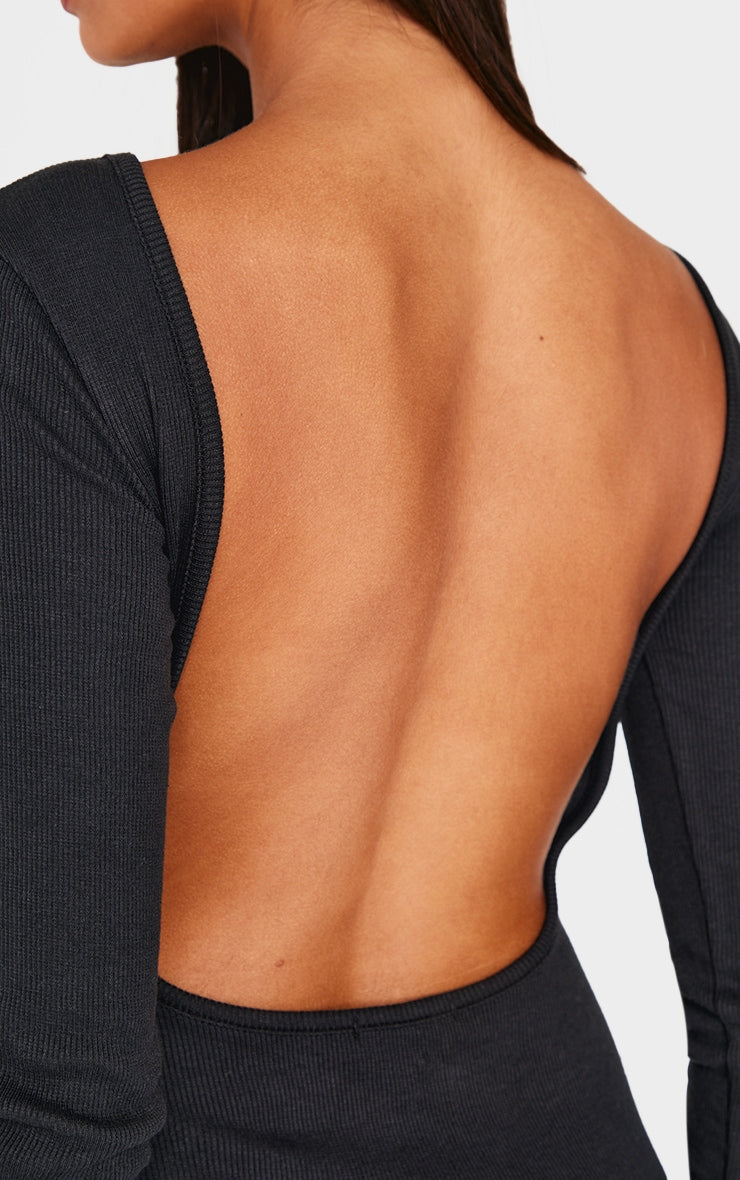 2647-Ribbed Low Back Long Sleeve Bodycon Dress