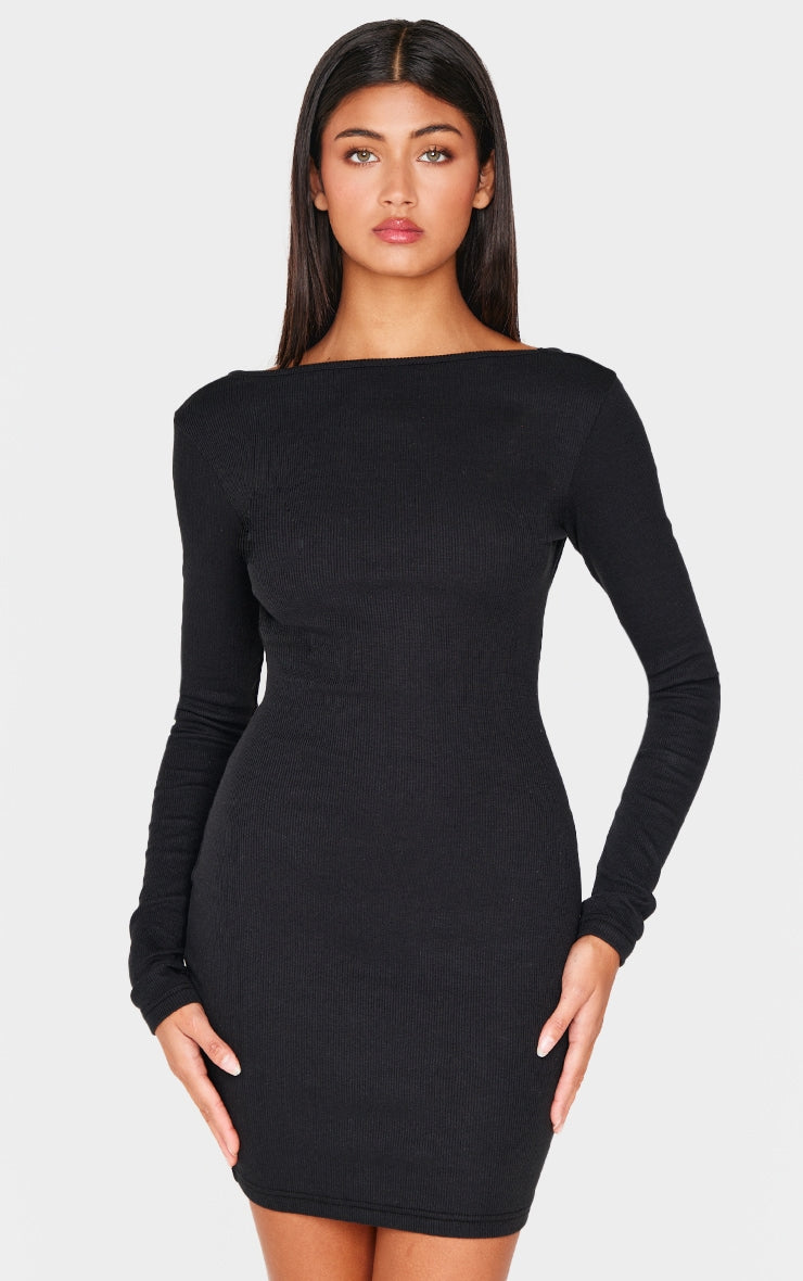 2647-Ribbed Low Back Long Sleeve Bodycon Dress