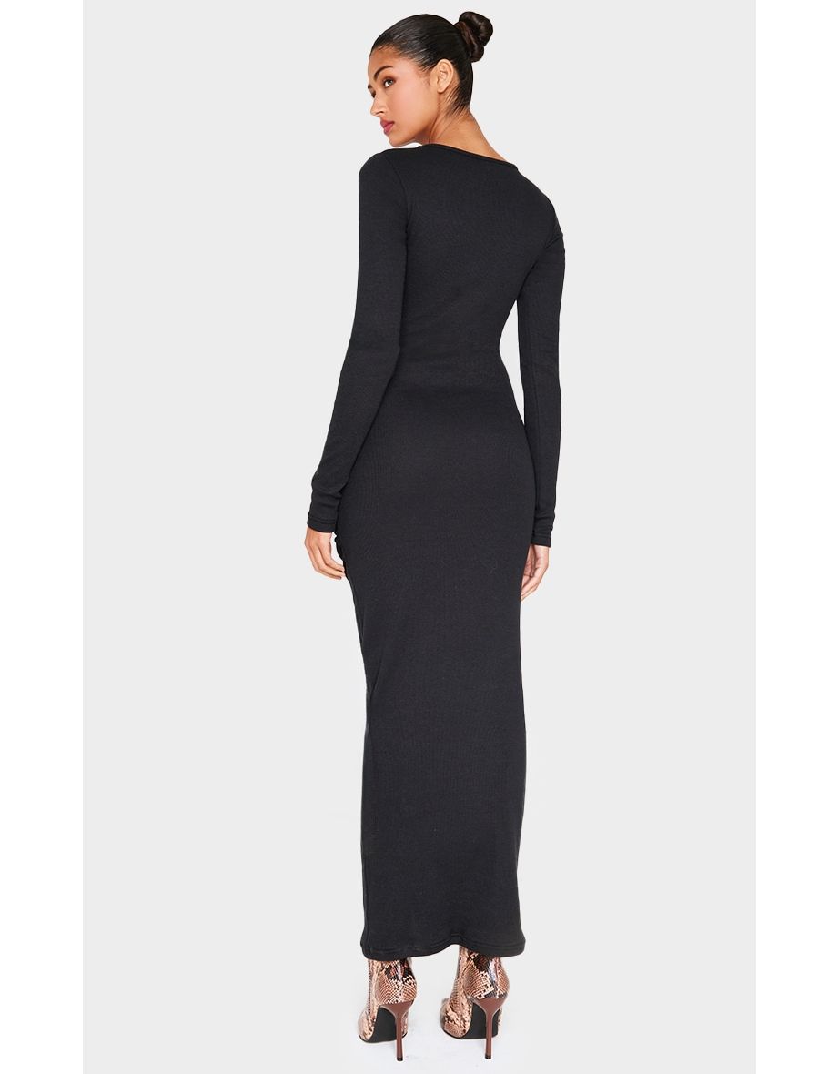 2650-Ribbed Ruched Detail Long Sleeve Maxi Dress