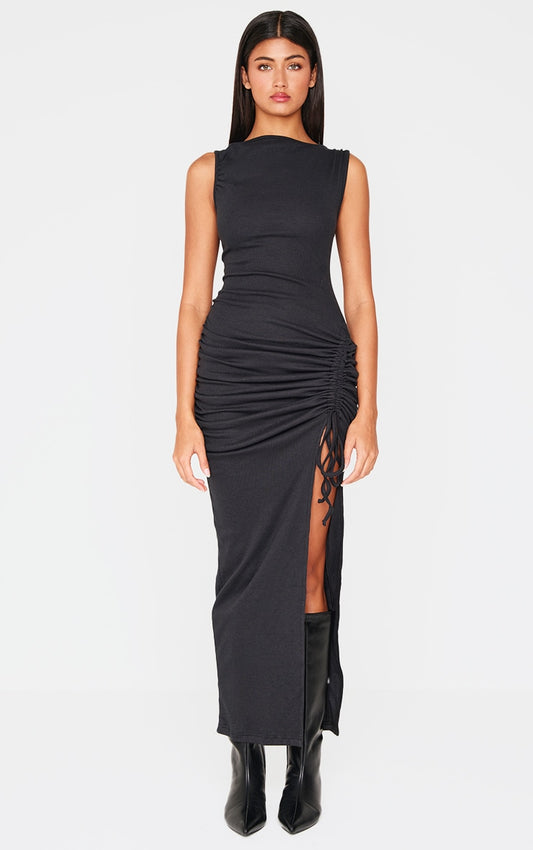 2649-Ribbed Side Split Ruched Sleeveless Maxi Dress