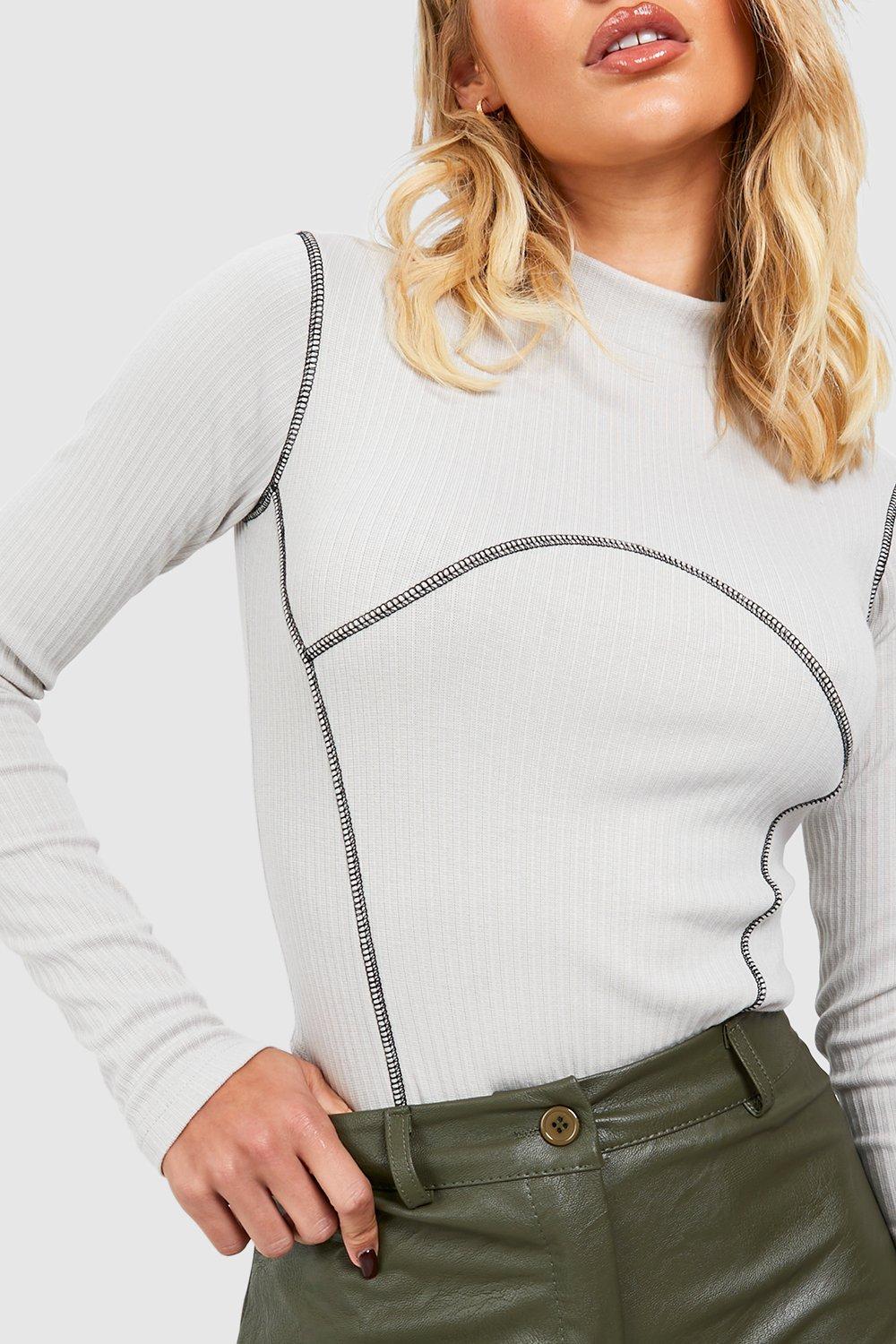 Booho Seam Detail Long Sleeve Bodysuit-2321-grey