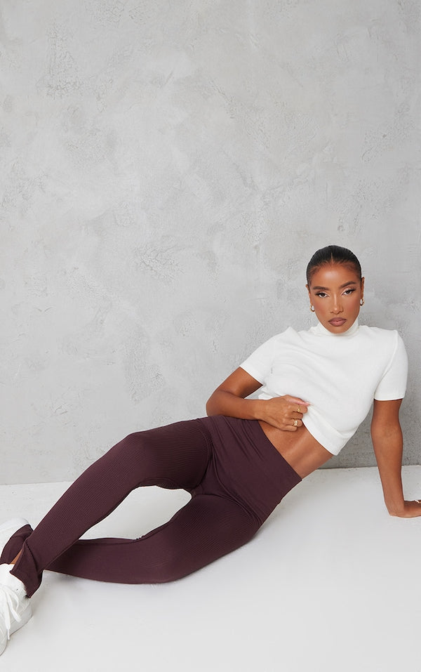 PLT Basic Rib High Neck Short Sleeve Crop Top-2322-Cream