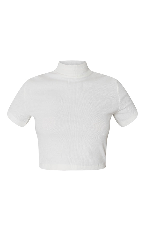 PLT Basic Rib High Neck Short Sleeve Crop Top-2322-Cream