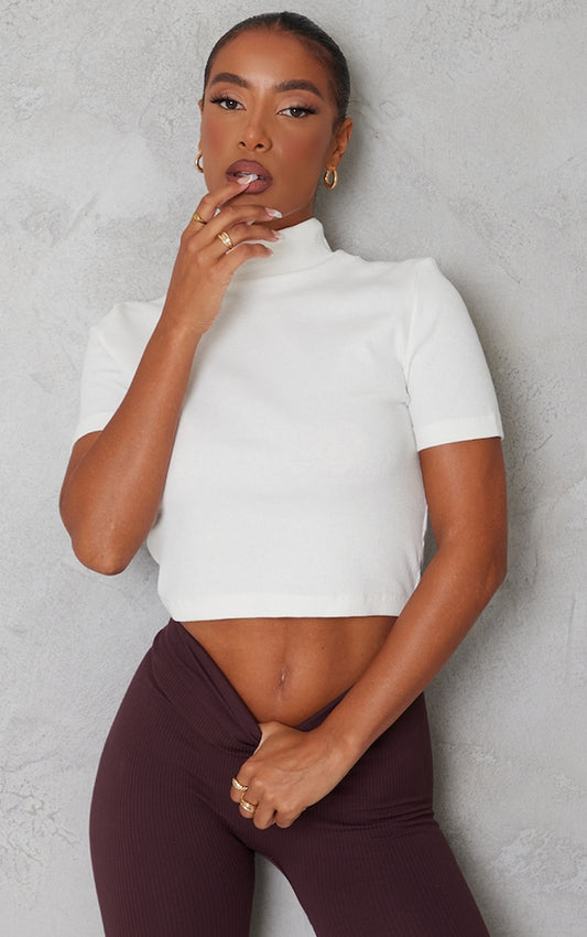PLT Basic Rib High Neck Short Sleeve Crop Top-2322-Cream