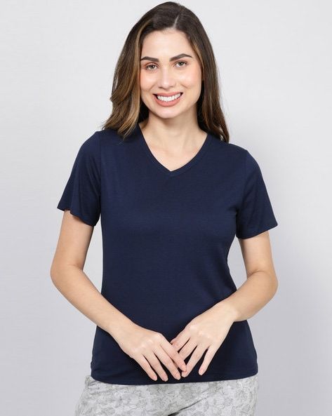 2695-Fapak V-Neck  T-shirt For Women-Navy