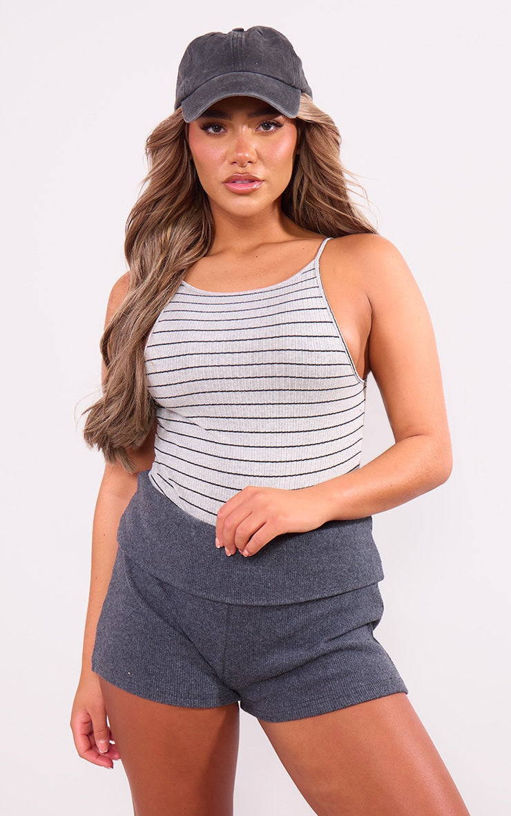 Strip Rib Spaghetti Strap bodysuit-2417 -PLT-Grey