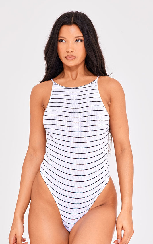 Strip Rib Spaghetti Strap bodysuit-2417 -PLT-White
