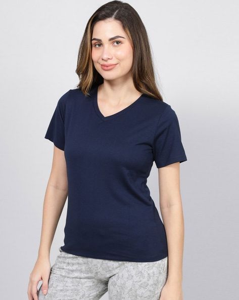 2695-Fapak V-Neck T-shirt For Women-Navy