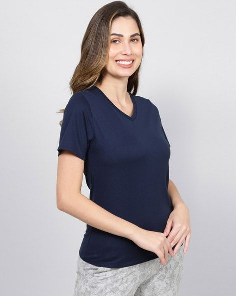 2695-Fapak V-Neck T-shirt For Women-Navy
