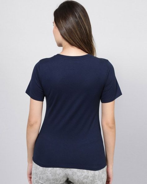 2695-Fapak V-Neck T-shirt For Women-Navy